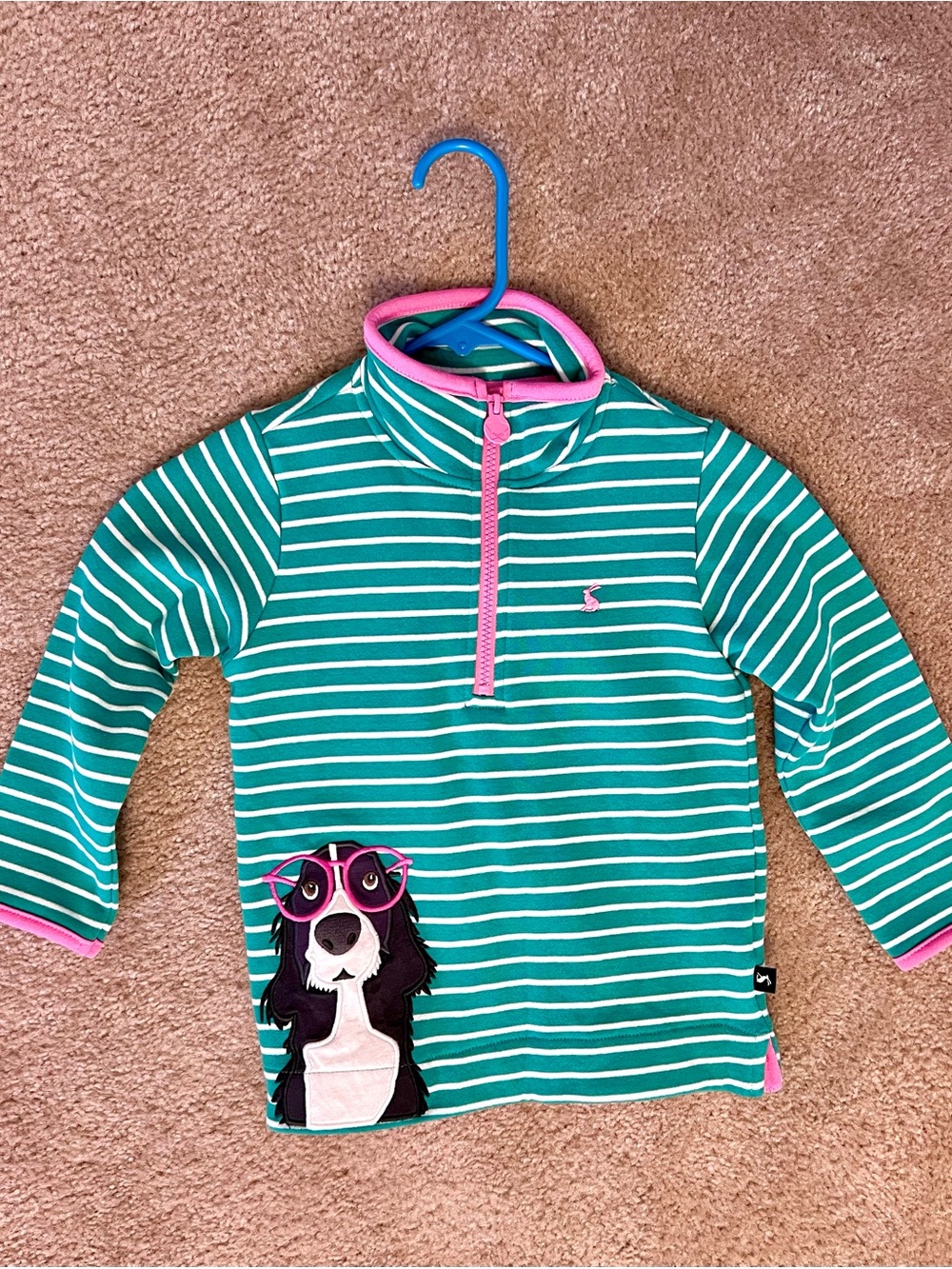 Joules Green and White Striped Pullover with Pink Trim
